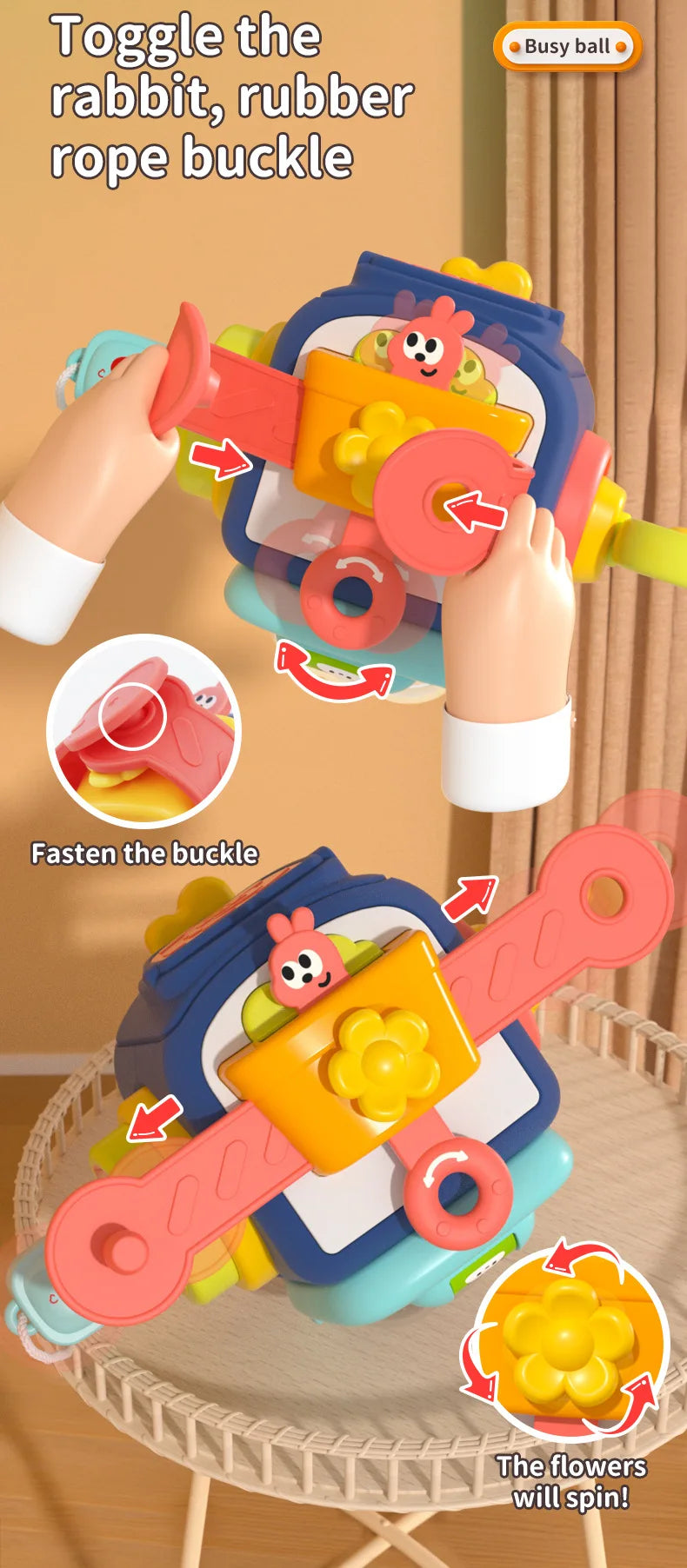 Hands are shown toggling the rabbit, rubber rope buckle on a colorful Montessori busy cube toy.