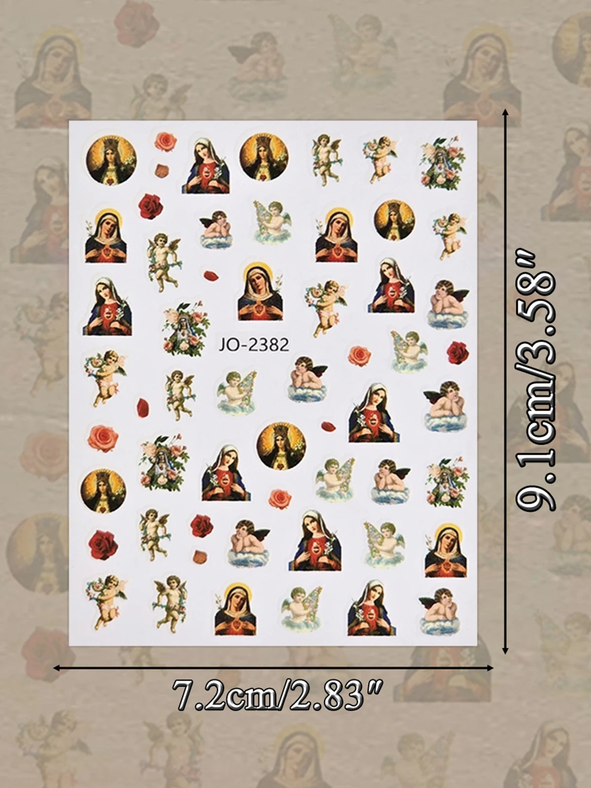 A sheet of vintage angel and saint nail art stickers featuring cherubs, roses, and crosses.
