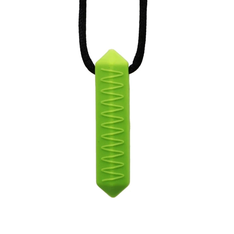 A bright lime green silicone chew necklace with a black cord.