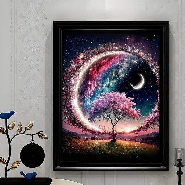 Et innrammet maleri av en kosmisk scene med en lilla og rosa tåke rundt et glødende tre mot en stjernehimmel.