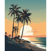 Sunset painting of palm trees silhouetted against a bright orange sky over the ocean.