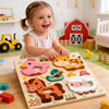 A child is assembling a wooden animal puzzle set featuring various farm animals like a pig, deer, and cow.
