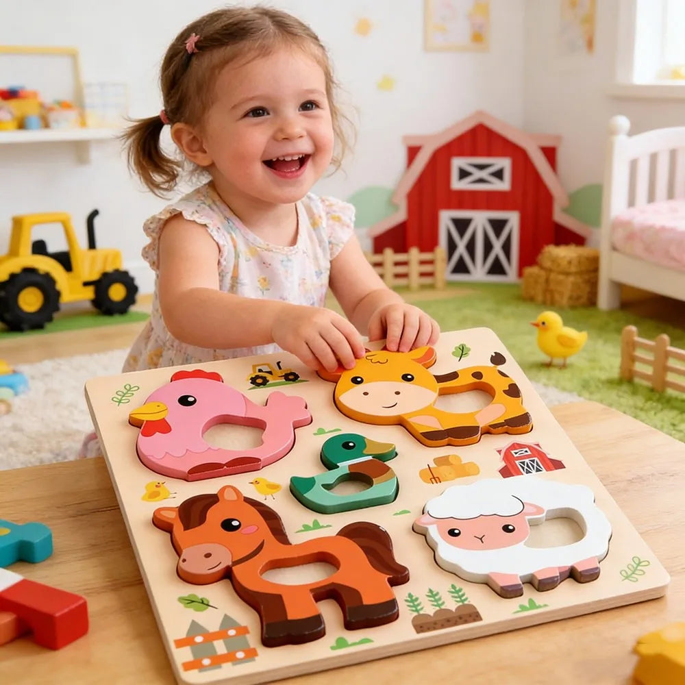A child is assembling a wooden animal puzzle set featuring various farm animals like a pig, deer, and cow.