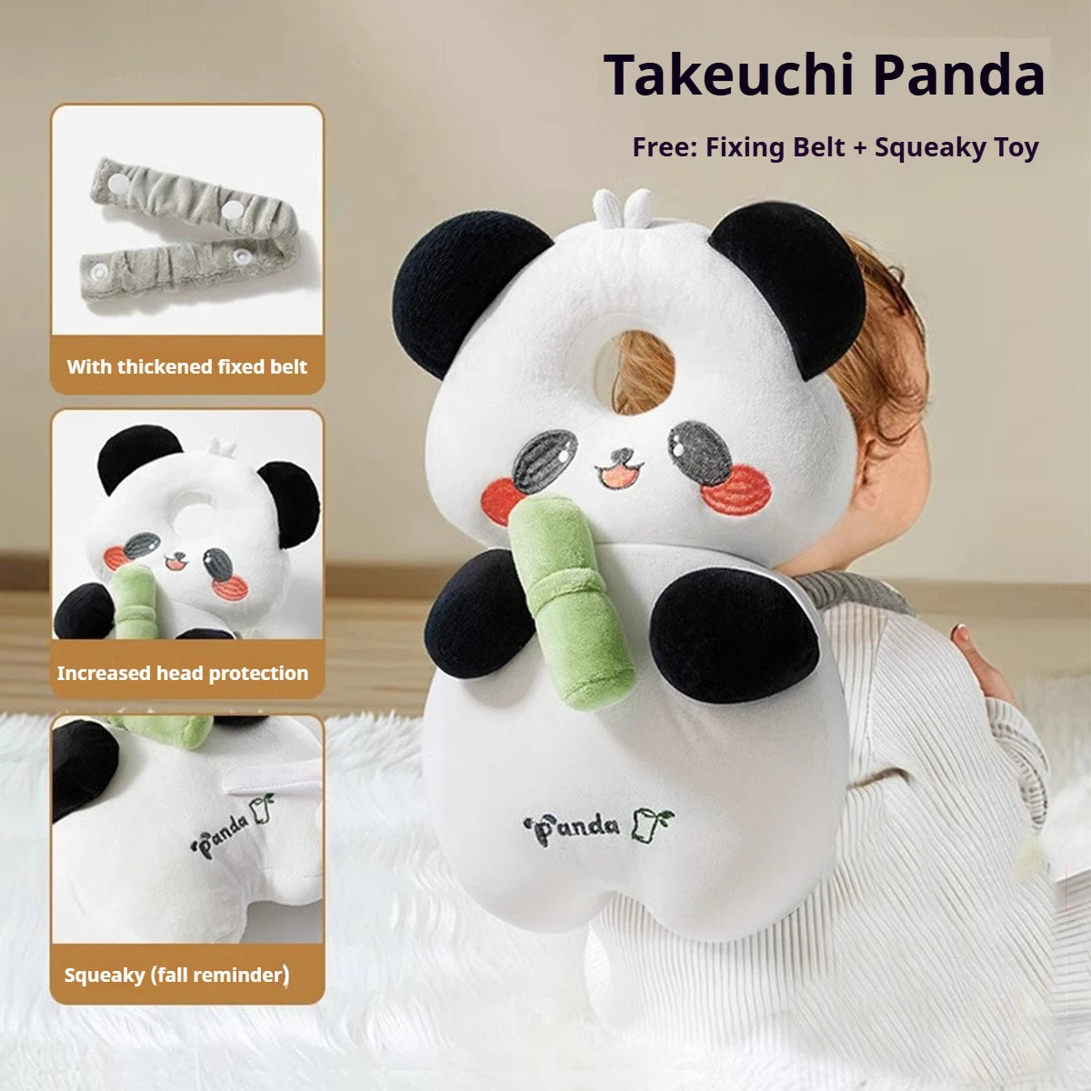 A white panda-themed soft silicone head protection pillow with black ears and a green accessory.