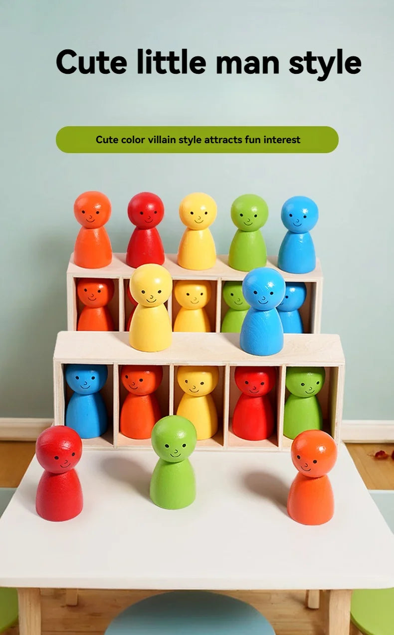 A set of colorful, round wooden figures in various shades of orange, red, yellow, green, and blue arranged on a white table.