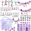 A collection of pink and purple charm bracelets, necklaces, and beads for crafting.