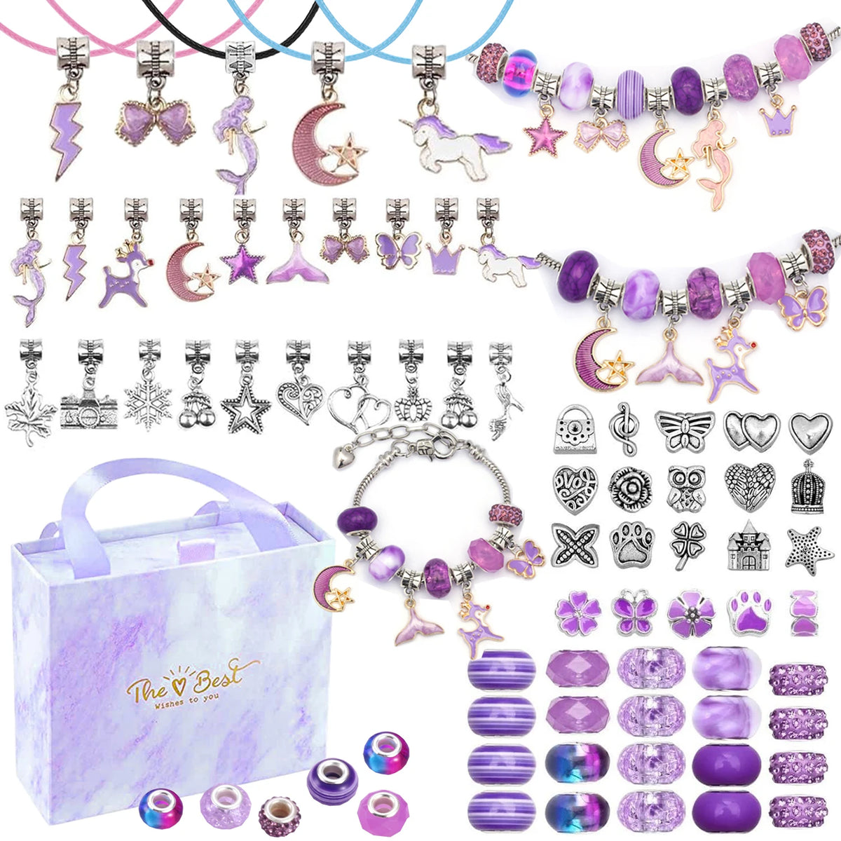 A collection of pink and purple charm bracelets, necklaces, and beads for crafting.