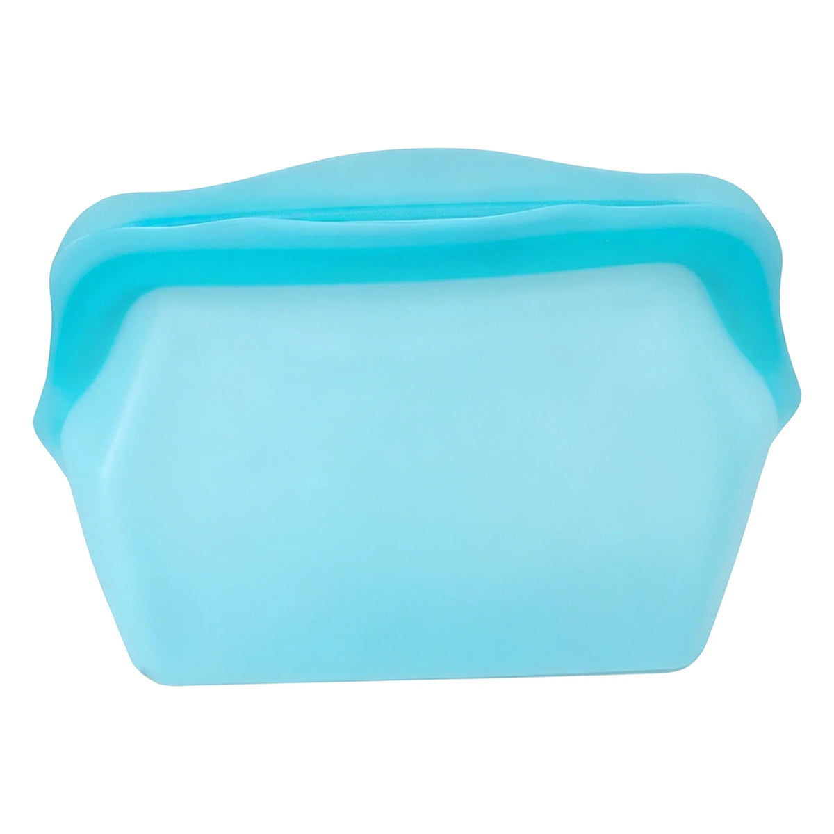 A light blue reusable silicone storage bag with a slightly rounded, rectangular shape.