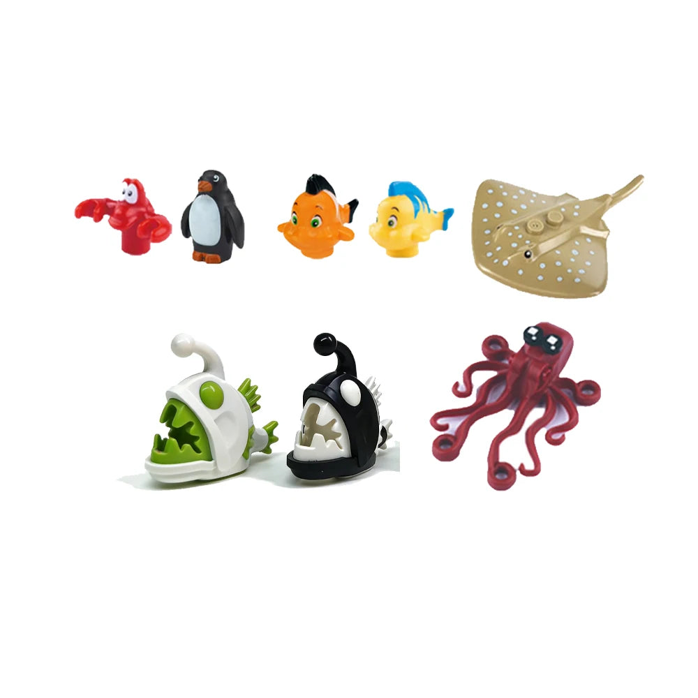 A collection of six African wildlife animal building blocks, including a red bird, black bird, orange bird, yellow bird, and 