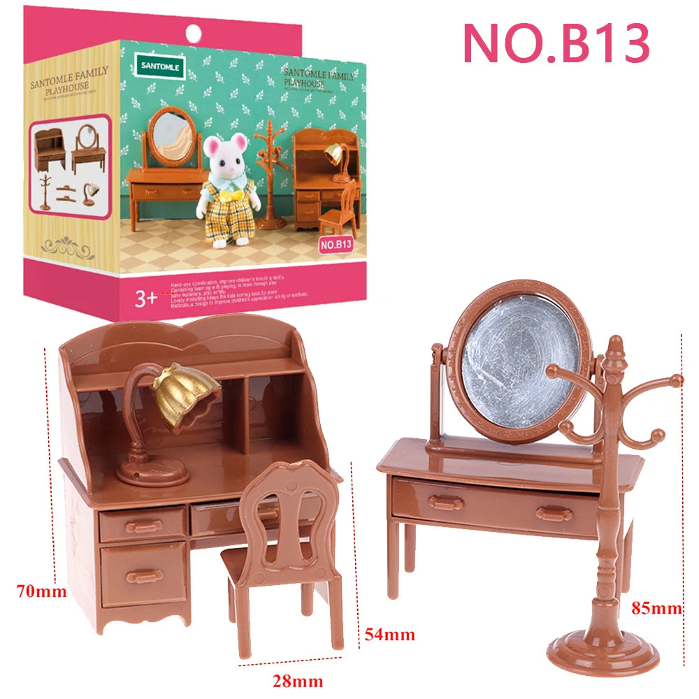 A brown 1:12 scale dollhouse furniture set featuring a mirror, cabinet, and chair for a playhouse.