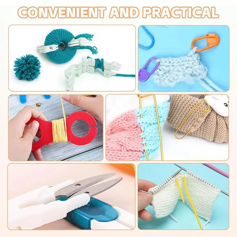 A complete crochet kit for beginners showing various yarn, hooks, and accessories laid out for crafting.