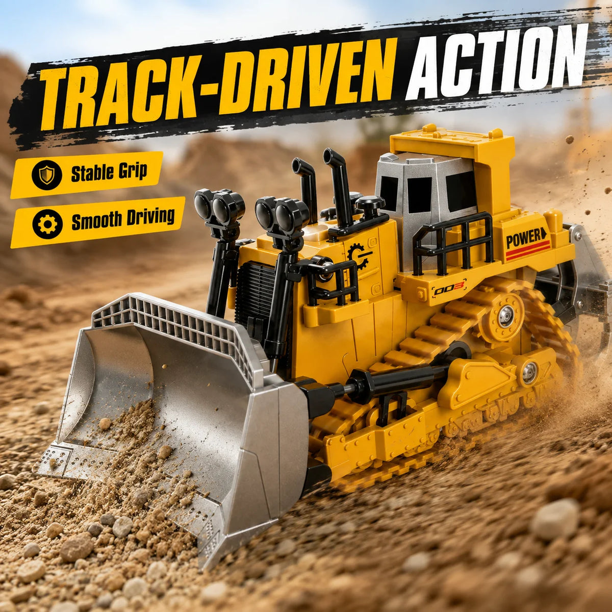 Yellow mini RC construction vehicle excavator with a silver bucket driving on dirt terrain.