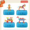 A set of colorful dinosaur and animal figures built from screws and drills inside blue storage boxes.