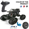 A black 2 in 1 dual mode 4WD remote control off-road crawler truck with large tires and a steering wheel.