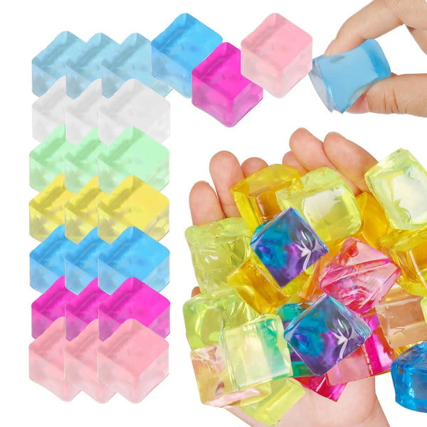 A collection of colorful squishy fidget stress cubes held in a hand.