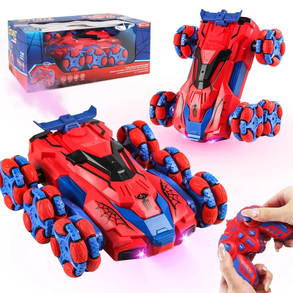 A red and blue remote control stunt car with lights and spray effect is shown alongside its box and hands.