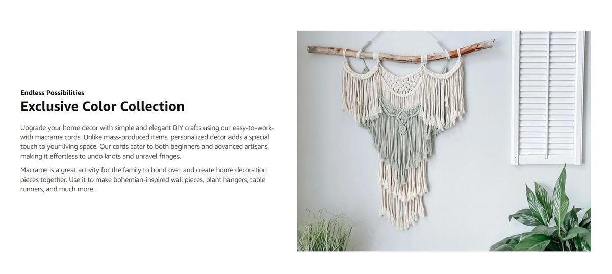 A decorative macrame wall hanging made of natural cotton rope with fringe details.