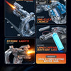 A blue LED electric water gun is shown in various modes including deformation linkage, long-range burst, strobe lights, and t