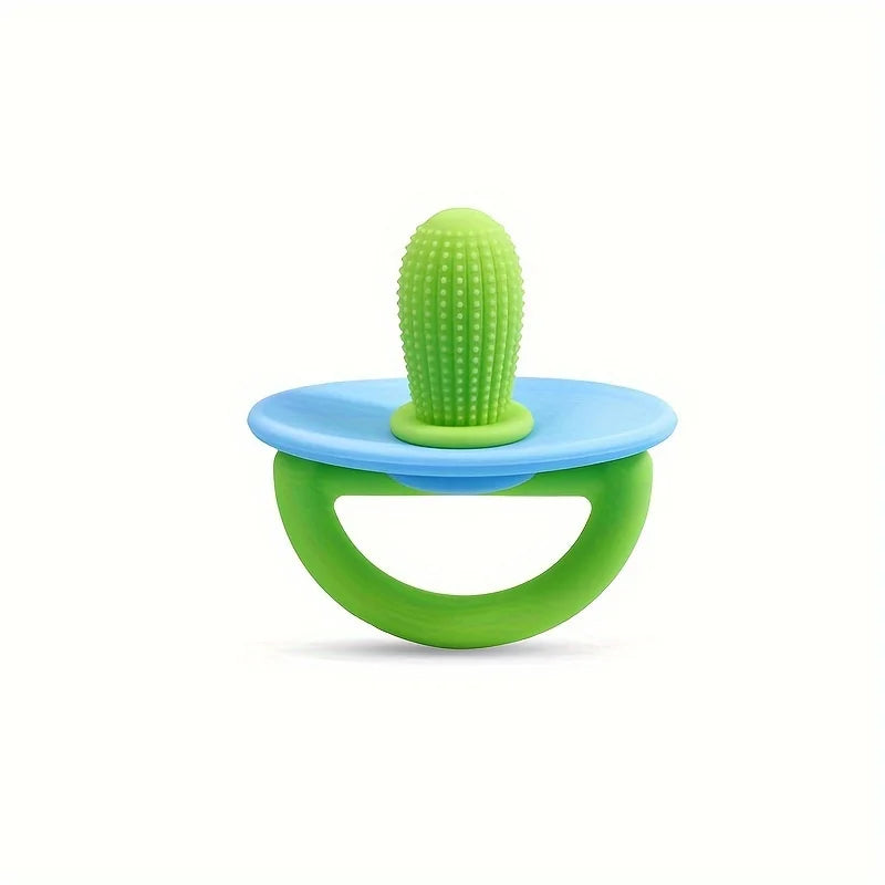 A bright green silicone teething ring with a textured dome and a light blue base.