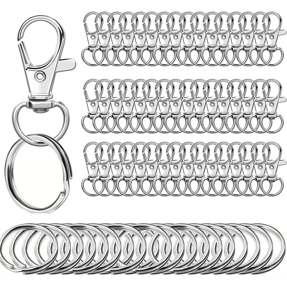 A collection of metal keychain hooks, swivel clasps, and key rings for DIY crafts and jewelry making.