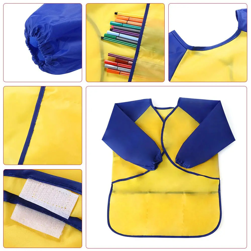 Yellow and blue waterproof kids art and baking apron with long sleeves shown in various angles