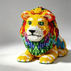 A detailed model of a majestic lion built from yellow, orange, green, and white micro building blocks.