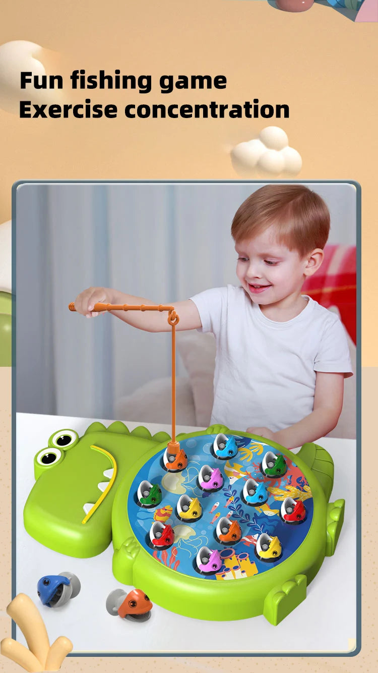 A young boy is playing with a green magnetic fishing toy set, attempting to catch orange fish on a string.