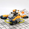 An orange and black transformable stunt car is shown on a black grid surface with yellow circles indicating rotation.