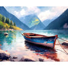 A painted watercolor landscape featuring a blue wooden sailboat resting on clear water with mountains and green forests in th