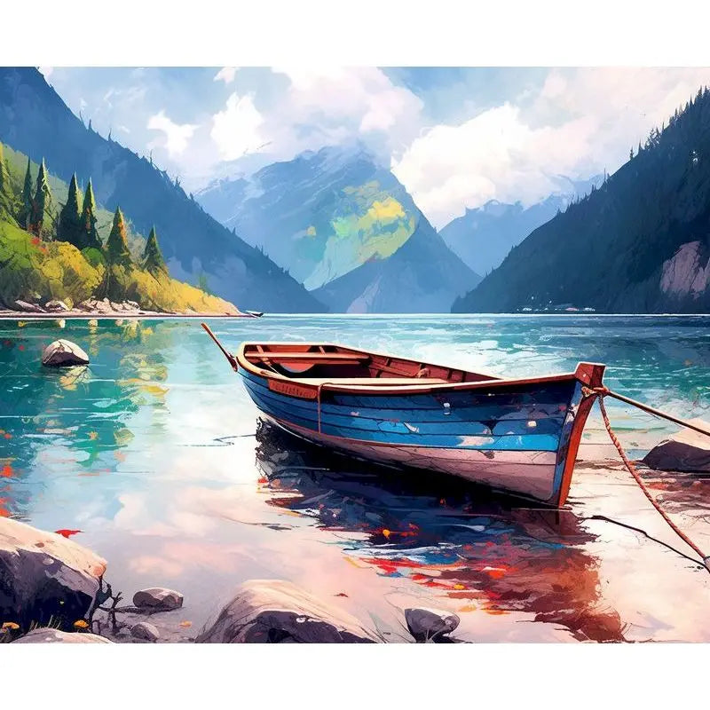 A painted watercolor landscape featuring a blue wooden sailboat resting on clear water with mountains and green forests in th