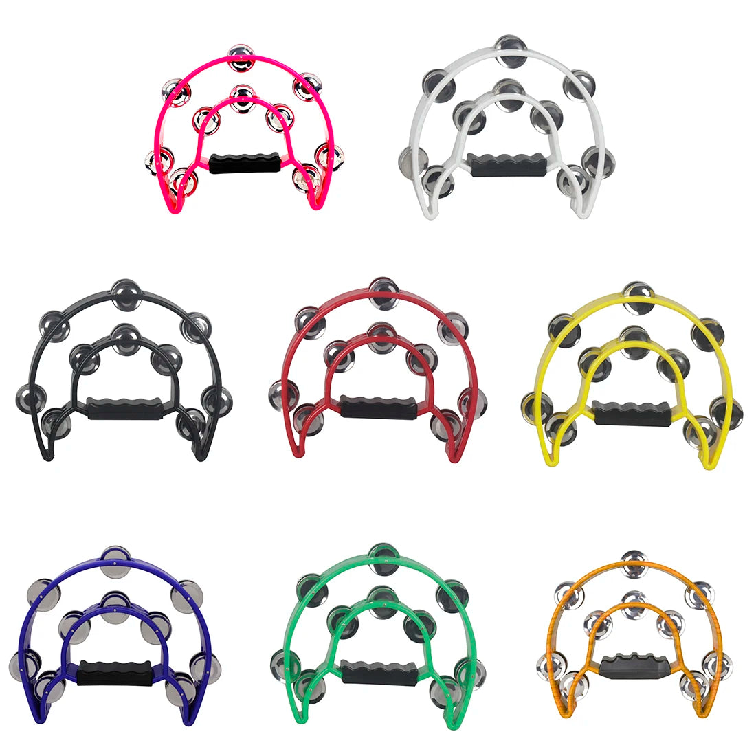 A collection of eight double-layer tambourines for kids in various colors including pink, silver, black, red, yellow, and gre