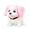 A white plush puppy toy with pink floppy ears and a black collar.