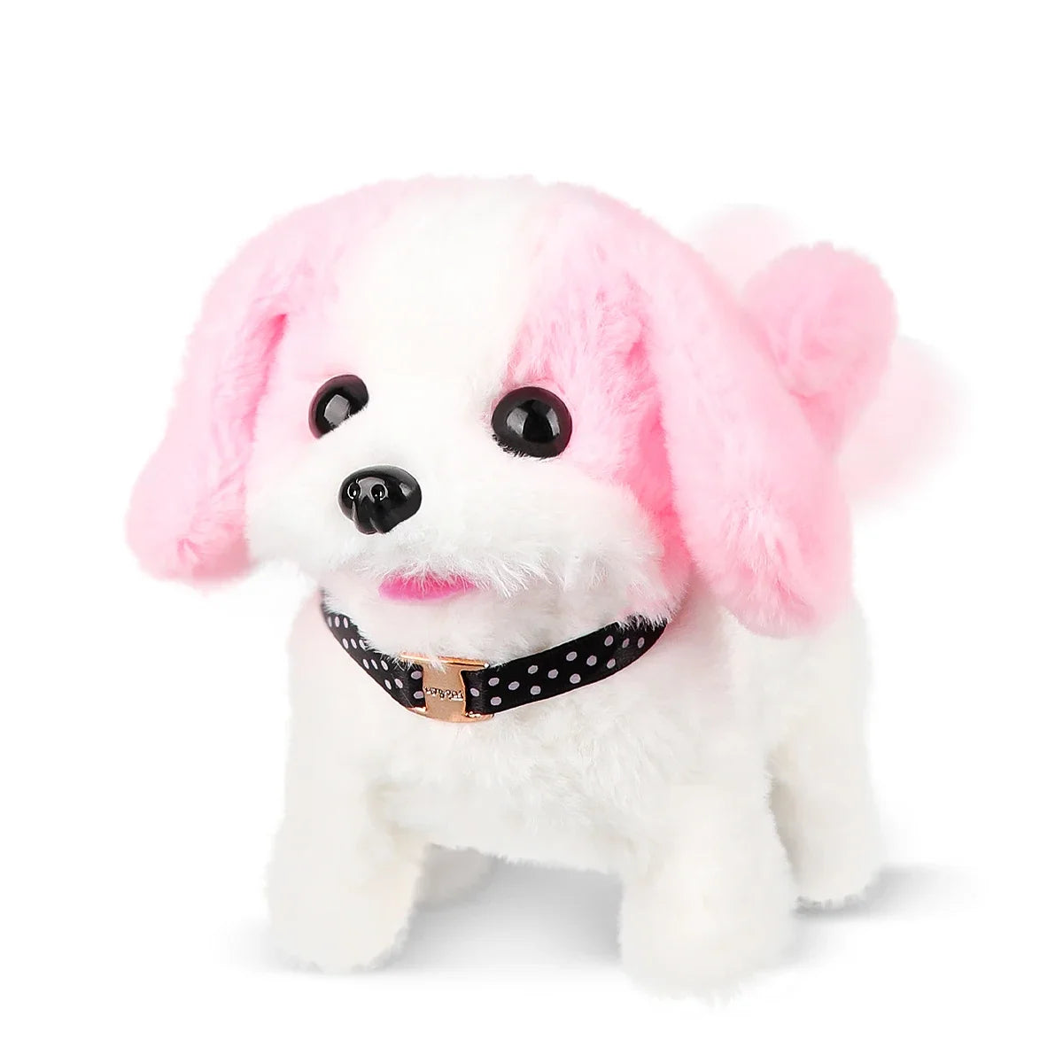 A white plush puppy toy with pink floppy ears and a black collar.