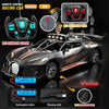 A remote control racing car in orange and black, showing the body, battery, charging cable, and tire.
