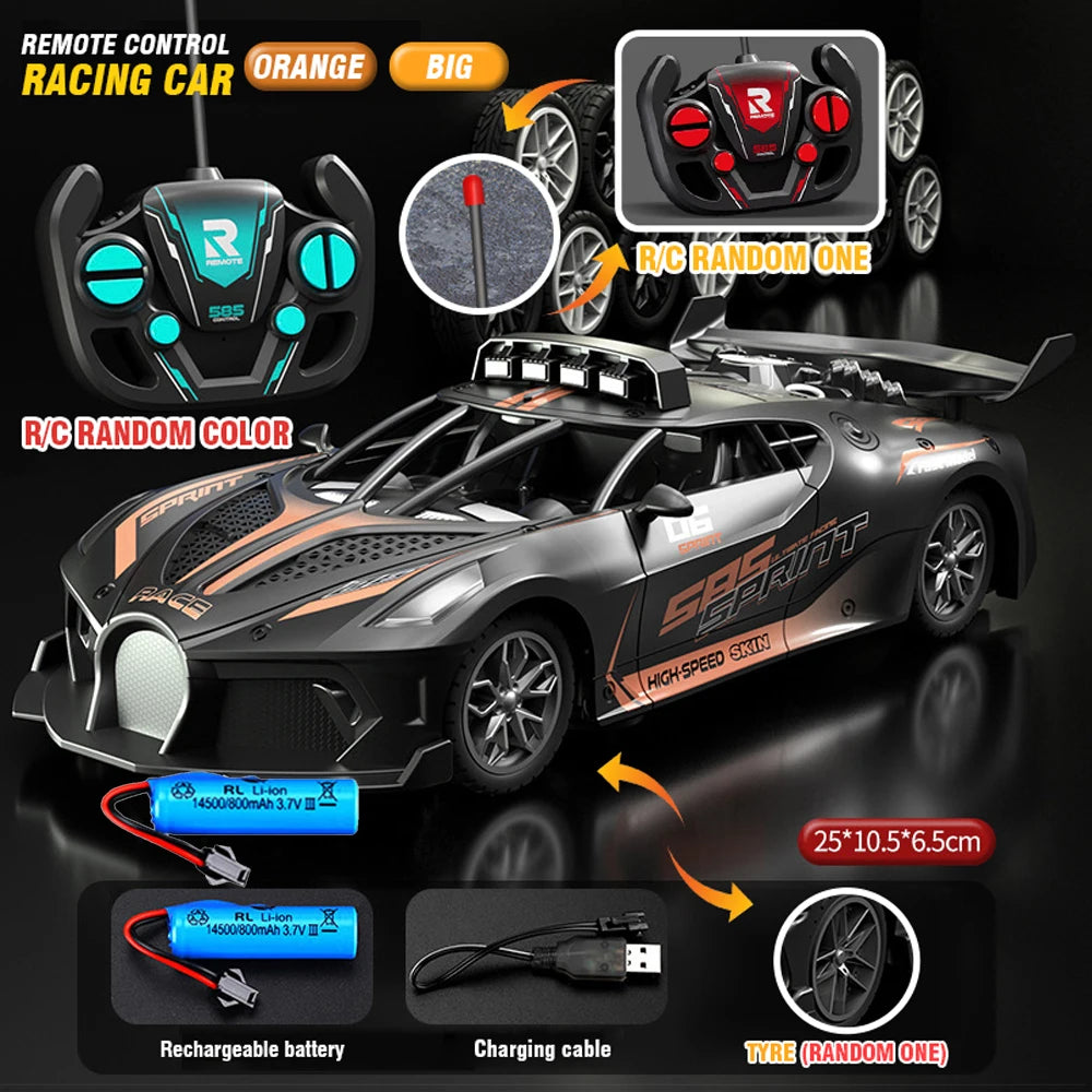 A remote control racing car in orange and black, showing the body, battery, charging cable, and tire.