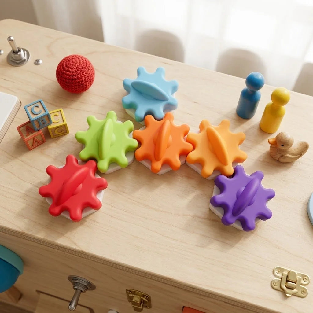 A wooden sensory activity board for toddlers featuring colorful gears, switches, and lights arranged in a rainbow pattern.