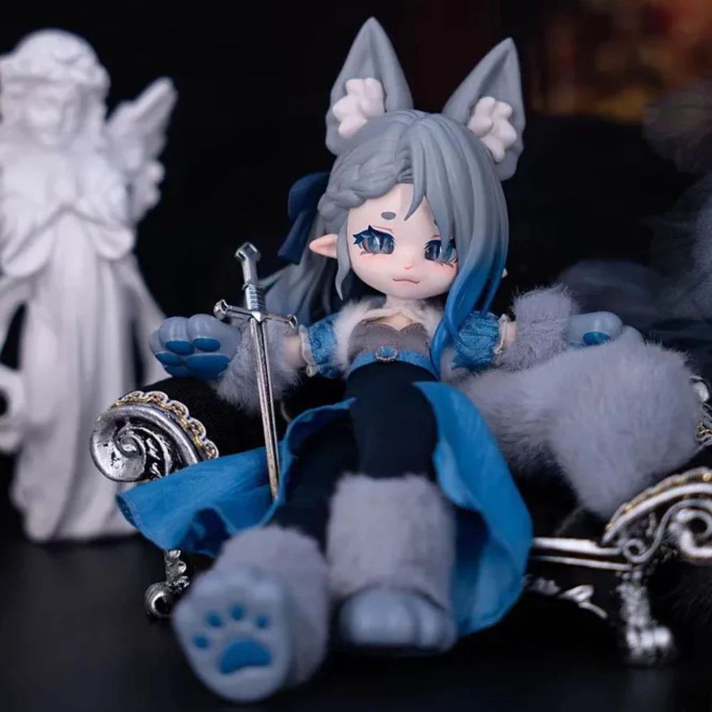 A 1/12 scale Lunar-themed posable doll blind box featuring a blue and gray outfit with cat ears and a sword.