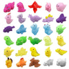 A collection of pink, purple, and green squishy dinosaur fidget toys for sensory stress relief.