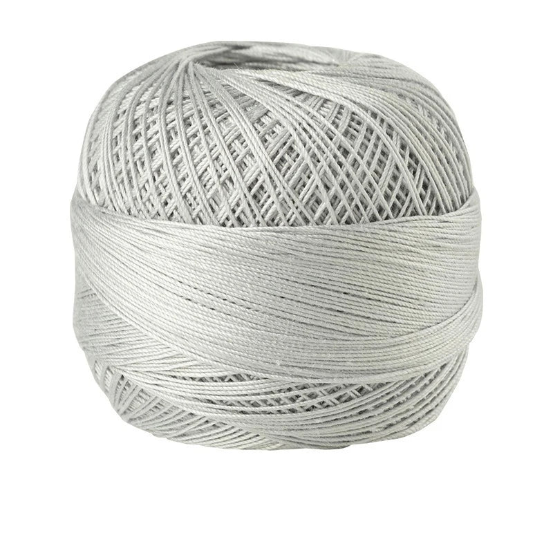 A ball of gray 100% cotton crochet thread used for tatting and embroidery.