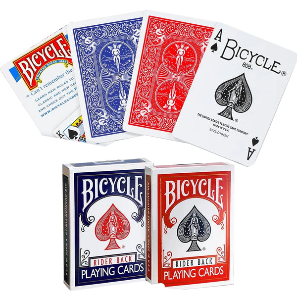 A set of Bicycle playing cards featuring a red and white design with the text Bicycle