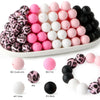 A variety of pink and white silicone beads are displayed in a row, with individual colors shown separately.