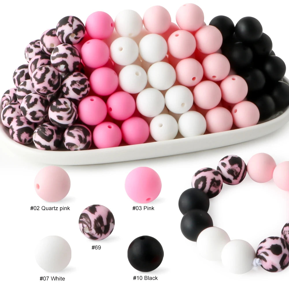A variety of pink and white silicone beads are displayed in a row, with individual colors shown separately.
