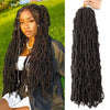 A close-up of a woman modeling long, black faux locs crochet hair