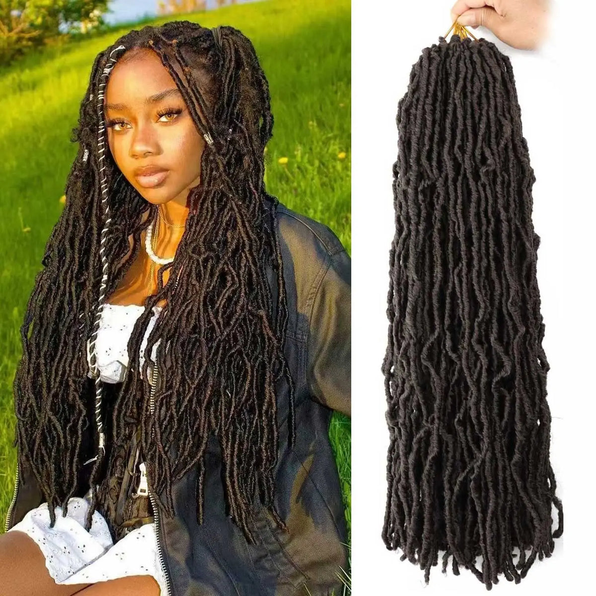 A close-up of a woman modeling long, black faux locs crochet hair