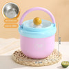 A pink insulated stainless steel breakfast cup with a light blue lid and a yellow ball, resting on a woven mat.