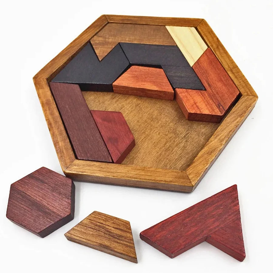 A wooden tangram puzzle set featuring various geometric shapes in shades of brown and reddish wood.