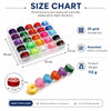 A size chart and storage box for assorted elastic cord spools used in jewelry making.