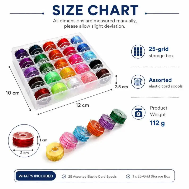 A size chart and storage box for assorted elastic cord spools used in jewelry making.