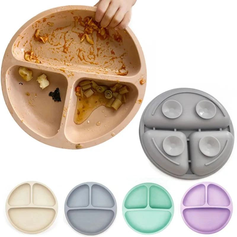 Ensemble de tétines en silicone pour tout-petits, montrant diverses assiettes et bols en silicone aux couleurs pastel