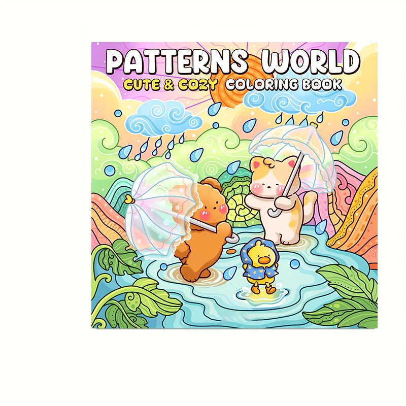 A colorful illustration of cute animals playing in the rain, suitable for a patterns world coloring book.